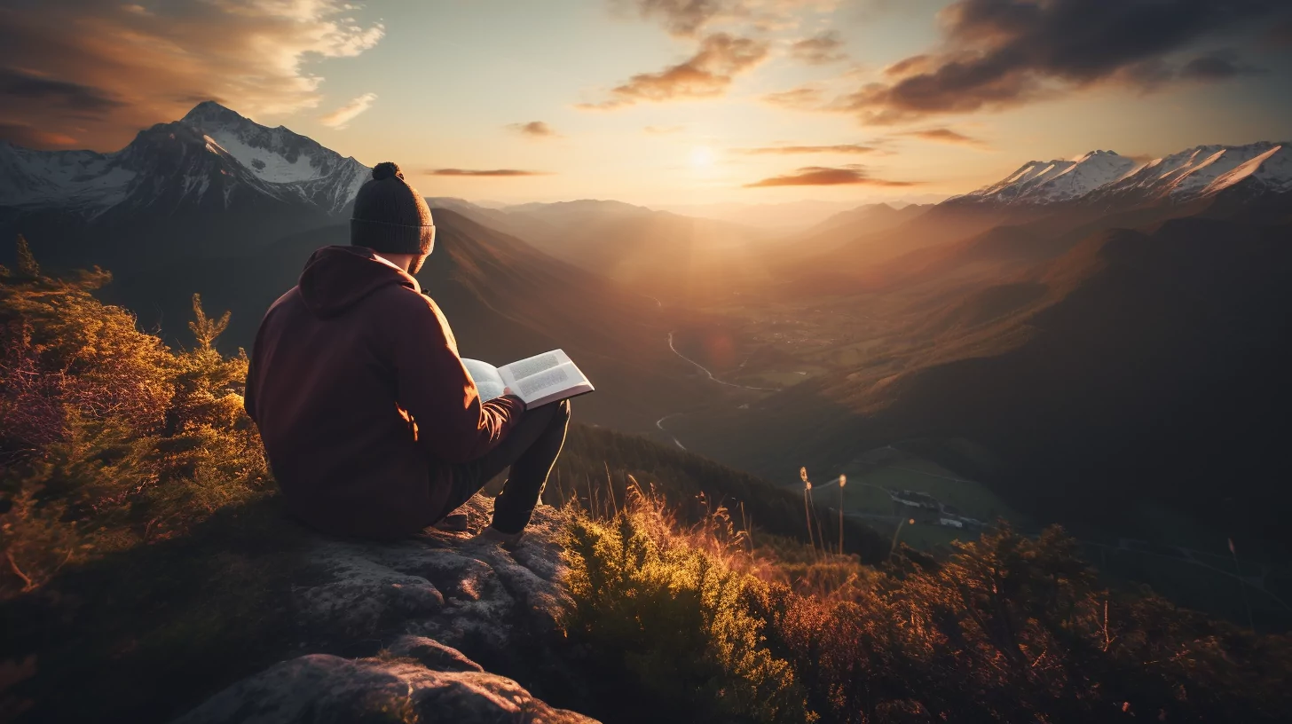 A person writing on top of a mountain